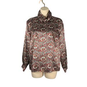 Vtg Jessica Lynn Blouse 8 Silky Polyester Red Green Floral Twisted Turtleneck